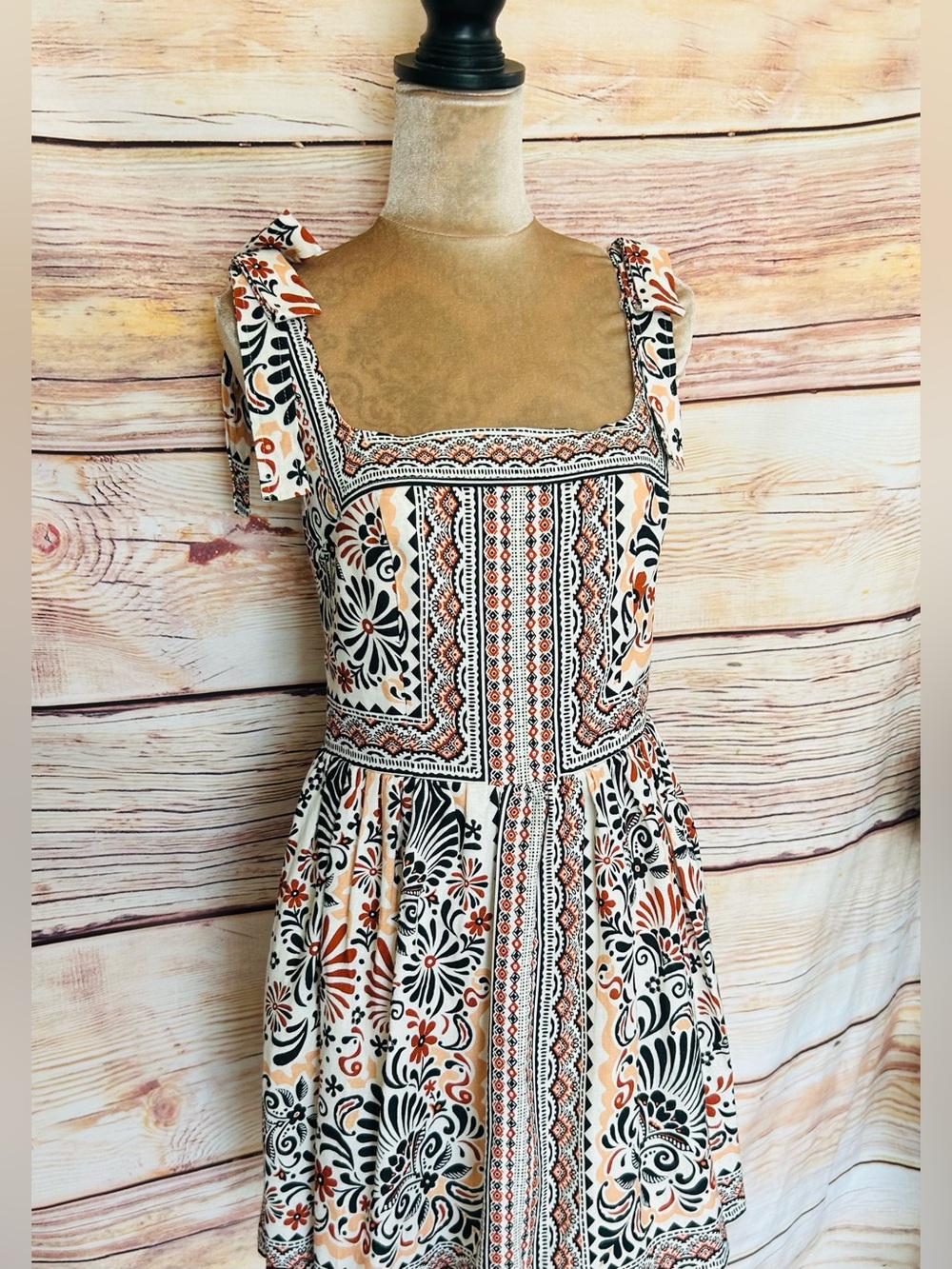 Avec Les Filles Casablanca Tile Linen Blend Bow-Strap Fit & Flare Mini Dress NWT - Picture 5 of 16